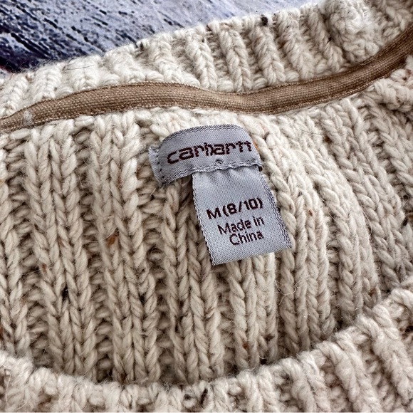 Carhartt Oatmeal Tan Wool Blend Cable Knit Sweater With Elbow Patch - Picture 7 of 10